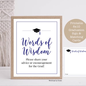 Palabras de Sabiduría, letrero de graduación imprimible de 8x10 y tarjetas de consejos a juego, negro y azul marino, promoción de 2025, escuela secundaria, universidad, descarga instantánea