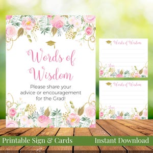 Words of Wisdom 5 x 7, 8 x 10 afstuderen afdrukbaar bord en bijpassende advieskaarten, klasse van 2025, blush roze gouden aquarel bloemen, jij afdrukt