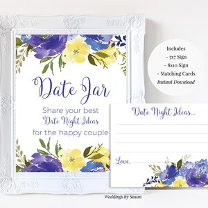 Date Night Ideen 5x7, 8x10 druckbare Brautdusche Zeichen & passende Karten, Carolina Floral, blau lila gelbe Blumen Bachelorette Sie Print