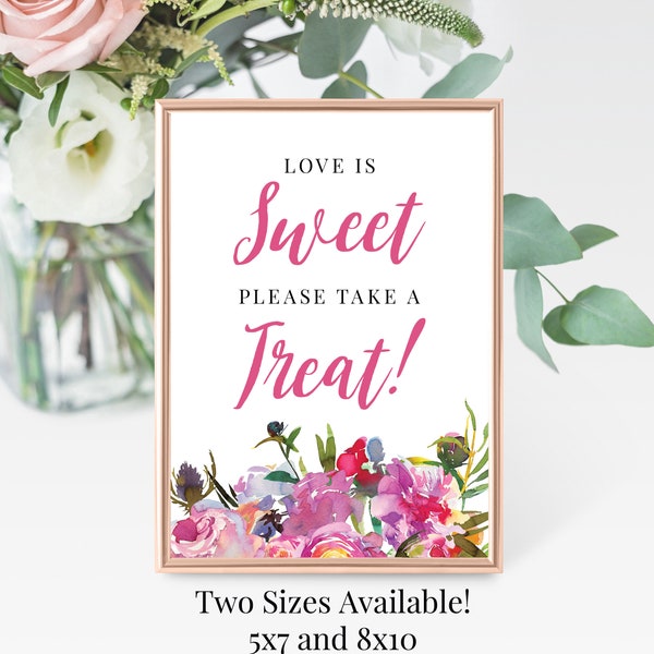 Vibrant Peonies Love is Sweet Please Take a Treat 5x7, 8x10 Printable Bridal Shower, Wedding Sign, Candy Bar Sign, Pink Watercolor Floral