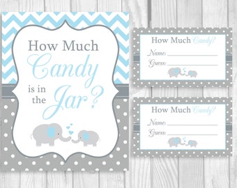 How Much Candy in the Jar Guessing Game Printable 5x7, 8x10 Blue & Gray Elephant Baby Shower Sign and Sheet of 3x5 Tickets, Instant Download