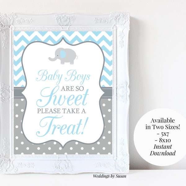Baby Boys Are So Sweet Please Take A Treat 5x7, 8x10 Printable Elephant Baby Shower Candy Buffet Sign in Light Blue Chevron Gray Polka Dots