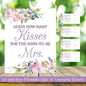 Indovina quanti baci per la futura signora 5x7, 8x10 cartello per addio al nubilato e biglietti Guess viola, blu, rosa acquerello prato floreale