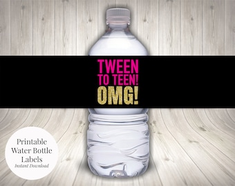 Tween to Teen OMG Girl's 13th Birthday Printable Water Bottle Labels, Purple, Aqua and Gold Glitter, Instant Download