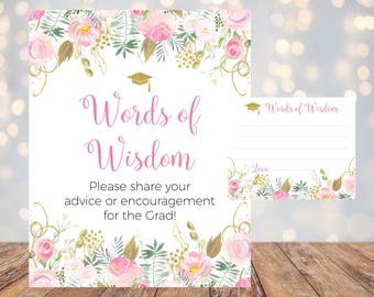 Words of Wisdom 5x7, 8x10 Graduation Printable Sign and Matching Advice Cards, Class of 2026, Blush Pink Gold Watercolor Floral, You Print