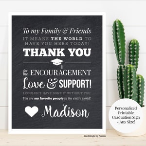 To My Family and Friends Graduation Custom Printable Chalkboard Thank You Sign, Any Size, Class of 2024, High School, College, You Print