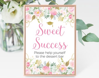 Dessert Bar Graduation Party Sign, 5x7 & 8x10 Printable Sign, Sweet Success, Cookies, Blush Pink and Gold Watercolor Floral, Class of 2024
