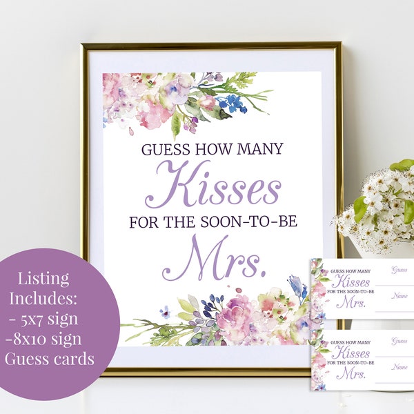 Guess How Many Kisses for the Soon-to-be Mrs. 5x7, 8x10 Bridal Shower Sign and Guess Cards Purple, Blue, Pink Watercolor Meadow Floral