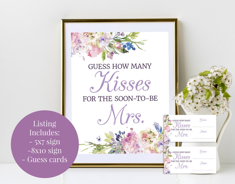 Guess How Many Kisses for the Soon-to-be Mrs. 5x7, 8x10 Bridal Shower Sign and Guess Cards Purple, Blue, Pink Watercolor Meadow Floral image 1