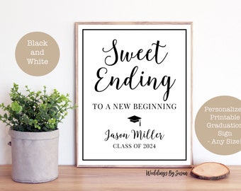 Sweet Ending to a New Beginning Printable Graduation Candy Bar, Cookie Bar, Dessert Sign, Black and White, Class of 2024, You Print