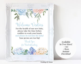 Do Not Kiss Baby 5x7, 8x10 Printable Newborn Girl Hospital Door Sign - Dusty Blue & Cream Watercolor Peonies, Your Germs Are Too Big Instant