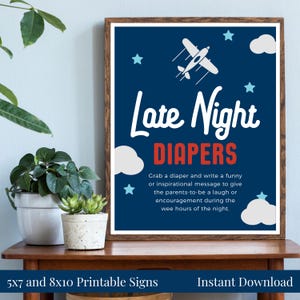 Late Night Diapers 5x7, 8x10 Printable Boy&#39;s Airplane Baby Shower Sign, Funny Advice, Navy Blue, Red, Gray, Instant Download
