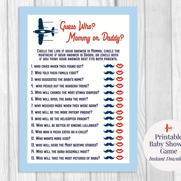 Guess Who Said It, Mommy or Daddy 5x7 Printable Boy's Airplane Baby Shower Game, Navy, Red, Light Blue, Couple's Shower, Instant Download