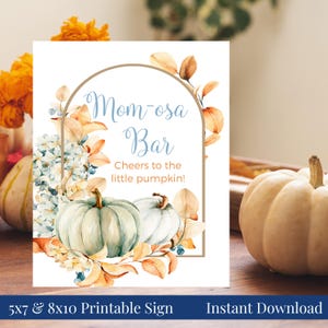 Momosa Bar 5x7, 8x10 Printable Baby Shower Sign, Light Blue Green Pumpkins Frame Fall Leaves, Mimosa Bar, Little Pumpkin, Instant Download