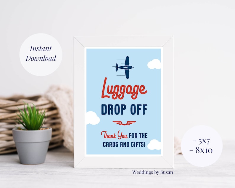 Luggage Drop Off 4x6, 5x7, 8x10 Printable Airplane Birthday Party Sign, Thank You for Cards and Gifts, Navy Blue, Light Blue, Red, You Print image 2