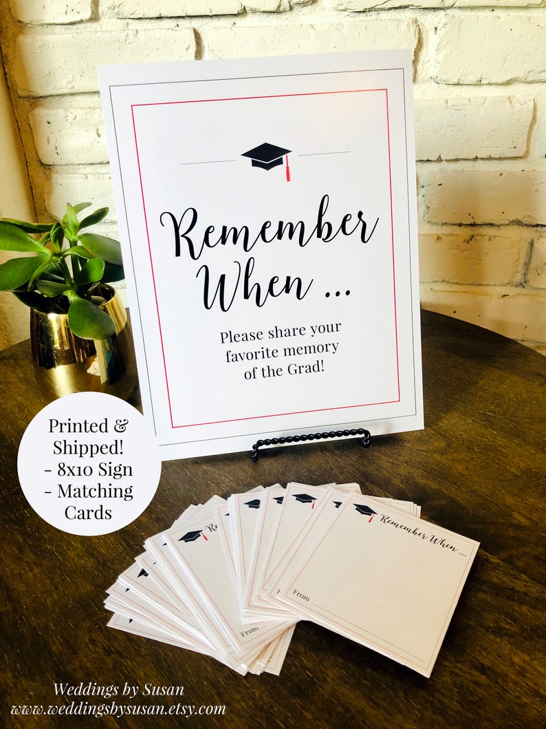 Favorite Memories of Grad 8x10 Graduation Party Sign and Matching Memory Keepsake Cards, Black and Red, Class of 2024, Printed and Shipped image 1