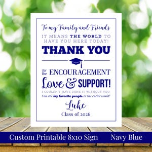 To My Family and Friends Graduation Printable 8x10 Thank You Sign, Navy Blue and White, Personalized, Class of 2026, High School or College