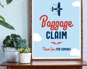Baggage Claim 4x6, 5x7, 8x10 Printable Airplane Birthday Favor Table Sign, Thank You for Coming, Blue, Light Blue, Red, Instant Download