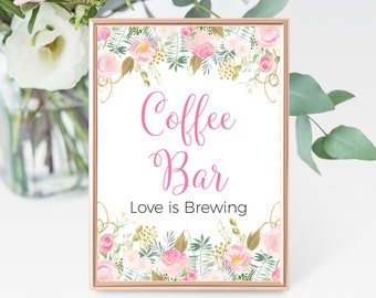 Coffee Bar Love is Brewing 5x7, 8x10 Bridal Shower, Engagement Party, Wedding Sign, Blush and Gold Watercolor Floral, Instant Download
