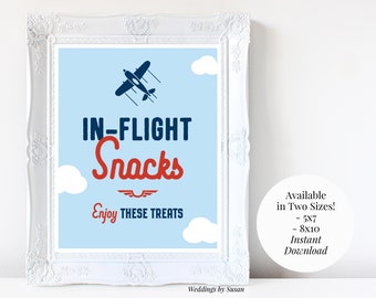 In Flight Snacks 5x7, 8x10 Printable Boy's Airplane Baby Shower Food Table Sign, Enjoy These Treats, Navy Light Blue Red, Instant Download