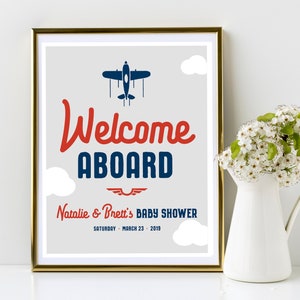Welcome Aboard Custom Personalized Printable Airplane Baby Shower Welcome Sign Any Size Navy Blue, Red, Gray Features Mom's Name image 1