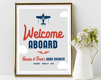 Welcome Aboard Custom Personalized Printable Airplane Baby Shower Welcome Sign - Any Size - Navy Blue, Red, Gray - Features Mom's Name