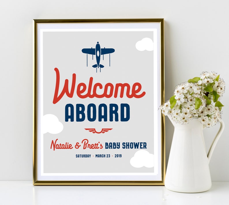 Welcome Aboard Custom Personalized Printable Airplane Baby Shower Welcome Sign Any Size Navy Blue, Red, Gray Features Mom's Name image 1