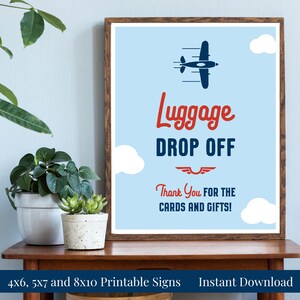 Gepäckabgabe 4x6, 5x7, 8x10 druckbares Flugzeug-Geburtstagsfeier-Schild, danke für Karten und Geschenke, Marineblau, Hellblau, Rot, Sie drucken