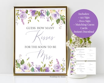 Lavender Bouquet How Many Kisses for Soon-to-be Mrs. Game 5x7, 8x10 Printable Bridal Shower Sign & Cards, Purple Lavender Watercolor Roses