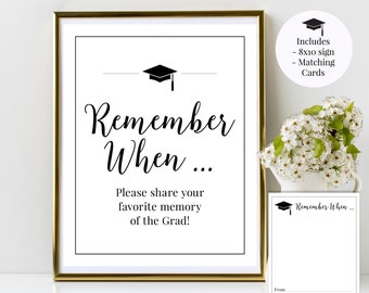 Remember When Favorite Memories of Grad Printable Graduation Sign and Matching Cards, Black and White Class of 2025, Instant Download