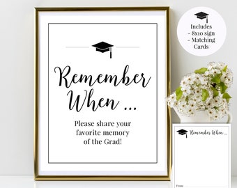 Remember When Favorite Memories of Grad Printable Graduation Sign and Matching Cards, Black and White Class of 2024, Instant Download