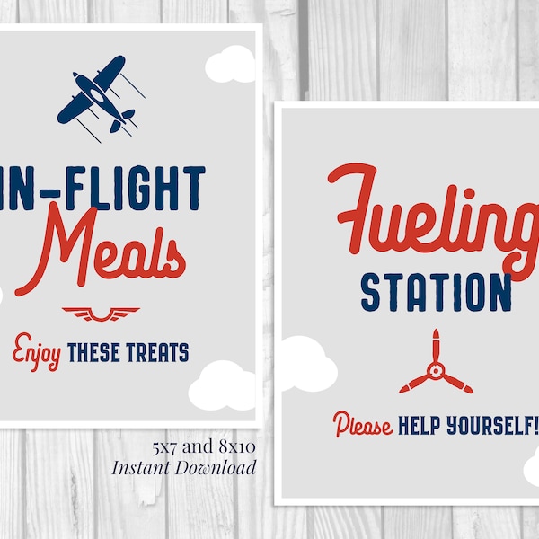 In Flight Meals, Fueling Station 5x7, 8x10 Printable Boy's Airplane Birthday Party Food & Drink Table Signs, Navy Blue Red Gray - Download