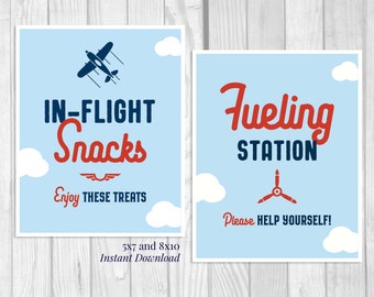 In Flight Snacks 5x7, 8x10 Printable Boy's Airplane Birthday Food & Drink Table Sign, Enjoy These Treats, Navy Blue, Light Blue, Red