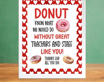 Donut weet wat we zouden doen Afdrukbare 5 x 7, 8 x 10 teken leraar waardering, Valentijnsdag rode harten leraar personeel PTA PTO Instant Download