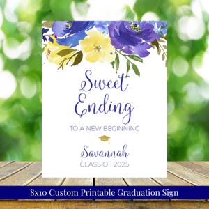 Sweet Ending to New Beginning Personalized Printable Graduation Candy Bar Sign, Carolina Floral, Class of 2025, Blue Purple Yellow Gold