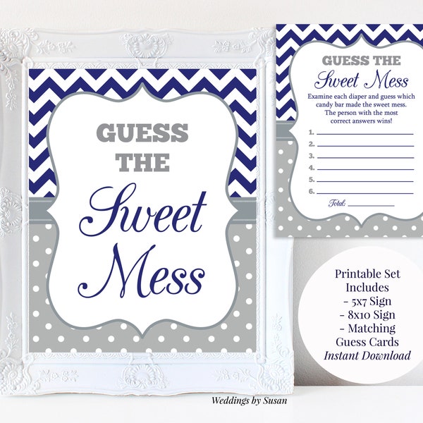 Guess the Sweet Mess 5x7, 8x10 Printable Baby Shower Candy Bar Game with Guessing Cards, Navy Blue Chevron and Gray Polka Dots, You Print