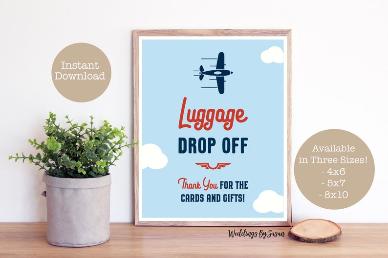 Luggage Drop Off 4x6, 5x7, 8x10 Printable Airplane Birthday Party Sign, Thank You for Cards and Gifts, Navy Blue, Light Blue, Red, You Print image 1