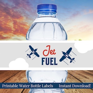 Jet Fuel Printable Boy&#39;s Airplane Birthday, Baby Shower Water Bottle Labels, Planes, Navy Blue, Gray and Red, 9x2, Instant Download