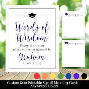 Palabras de sabiduría, letrero de graduación personalizado de 8 x 10 pulgadas para imprimir y tarjetas de consejos a juego, en cualquier color, clase de 2025, escuela secundaria o universidad