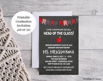 Head of the Class Graduation Party 4x6, 5x7 Personalized Printable Invitations, Future Teacher, Class of 2024 Chalkboard Red Apple You Print