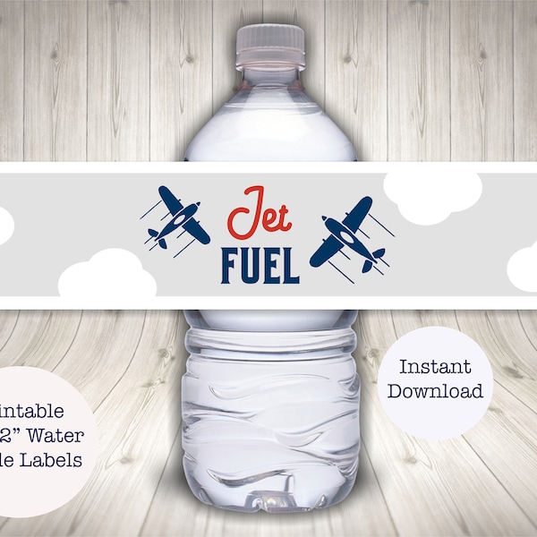 Jet Fuel Printable Boy's Airplane Birthday, Baby Shower Water Bottle Labels, Planes, Navy Blue, Gray and Red, 9x2, Instant Download