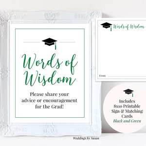 Palabras de Sabiduría, cartel imprimible de fiesta de graduación de 8x10 y tarjetas de consejos a juego, negro y verde, promoción de 2025, descarga instantánea
