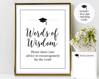 Words of Wisdom 8x10 Graduation Party Printable Sign and Matching Advice Cards - Class of 2024 - High School or College - Instant Download