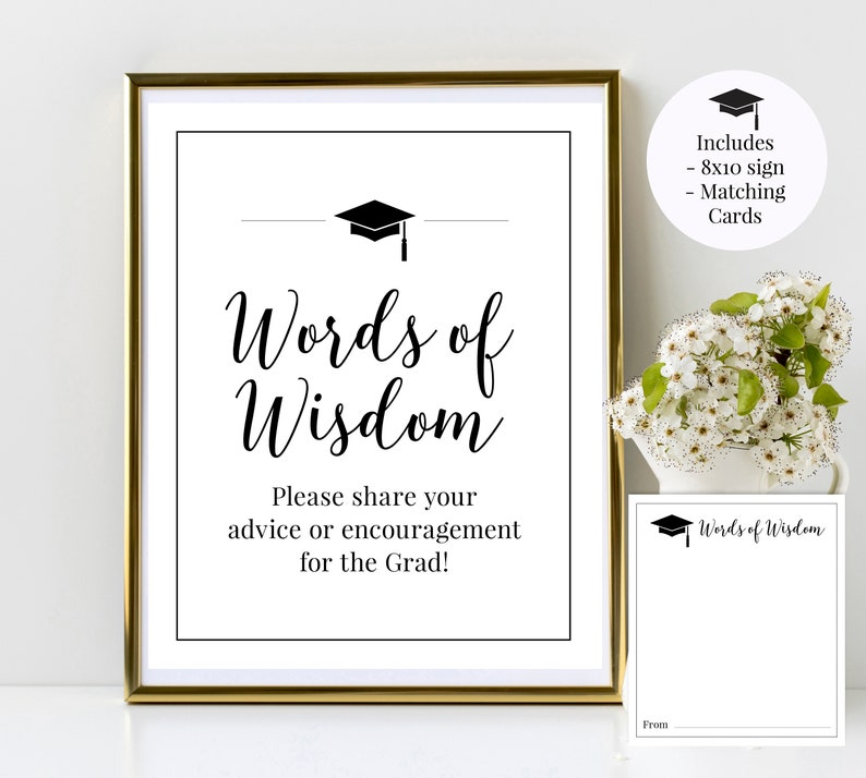 Words of Wisdom 8x10 Graduation Party Printable Sign and Matching Advice Cards - Class of 2022 - High School or College - Instant Download 