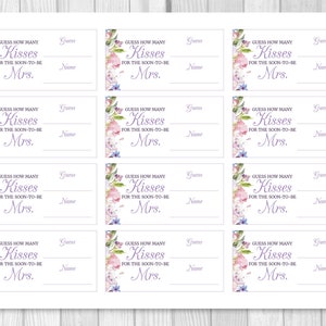 Guess How Many Kisses for the Soon-to-be Mrs. 5x7, 8x10 Bridal Shower Sign and Guess Cards Purple, Blue, Pink Watercolor Meadow Floral image 3