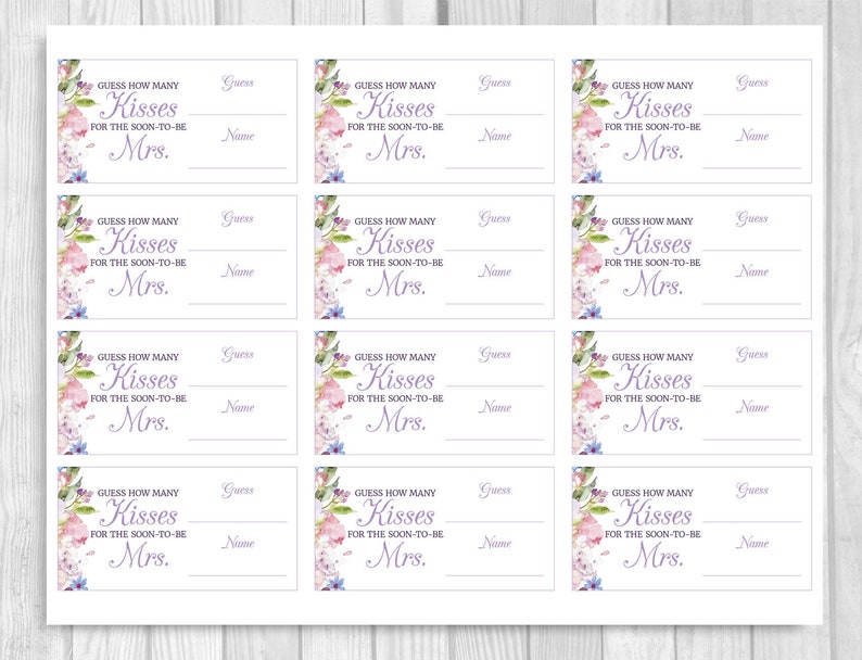 Guess How Many Kisses for the Soon-to-be Mrs. 5x7, 8x10 Bridal Shower Sign and Guess Cards Purple, Blue, Pink Watercolor Meadow Floral image 3