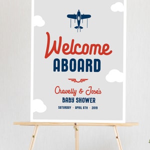 Welcome Aboard Custom Personalized Printable Airplane Baby Shower Welcome Sign Any Size Navy Blue, Red, Gray Features Mom's Name image 5