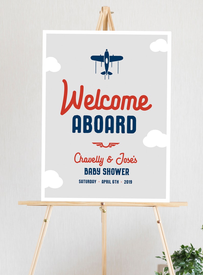Welcome Aboard Custom Personalized Printable Airplane Baby Shower Welcome Sign Any Size Navy Blue, Red, Gray Features Mom's Name image 5