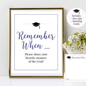 以下が含まれることがあります： 卒業パーティーの印刷可能なサインで、「Remember When...」と卒業帽子のグラフィックが書かれています。サインには、卒業生の思い出を共有するための指示が含まれています。サインは8x10インチで、マッチングカードが付属しています。