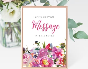 Vibrant Peonies Custom Personalized Printable Sign, Your Message, Any Size, Bridal Shower, Baby Shower, Pink Watercolor Floral, You Print